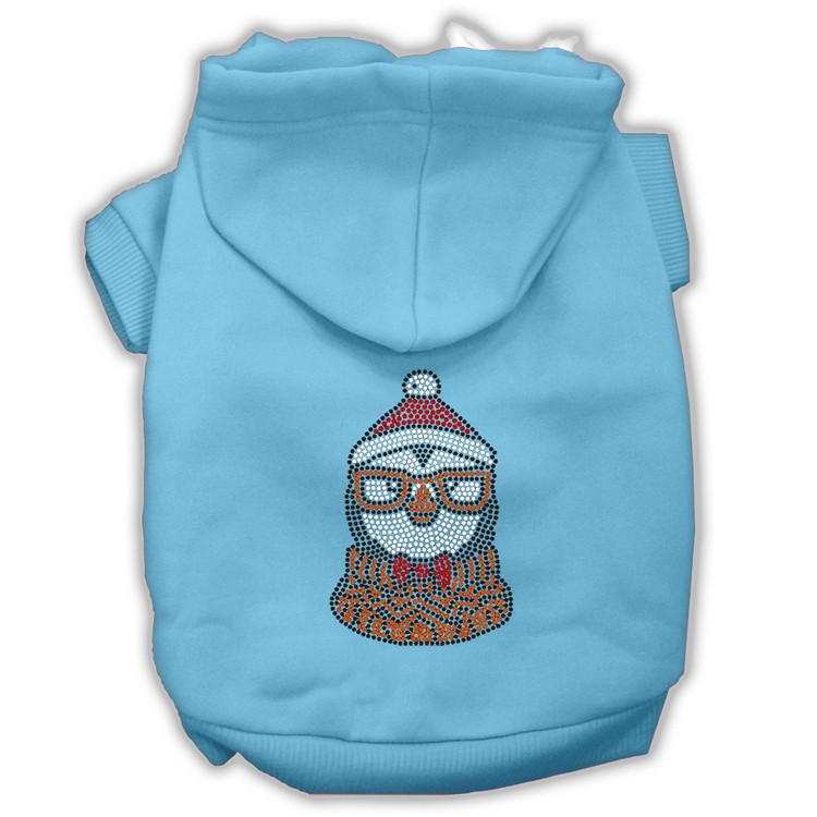 Hipster Penguin Rhinestone Dog Hoodie Baby Blue XS